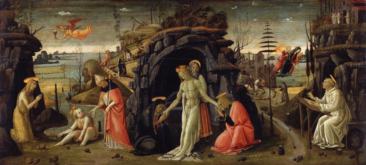 Landskap med bibliska scener och scener ur helgonlegender av Jacopo del Sellaio