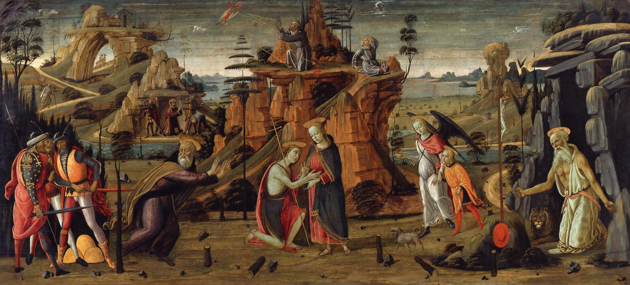 Landskap med bibliska scener och scener ur helgonlegender av Jacopo del Sellaio