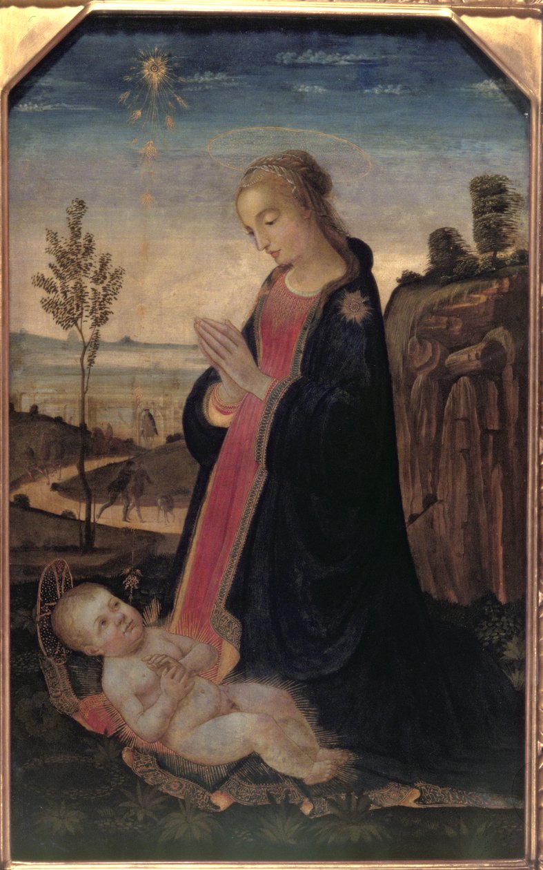 Madonna och barn i ett landskap av Jacopo del Sellaio