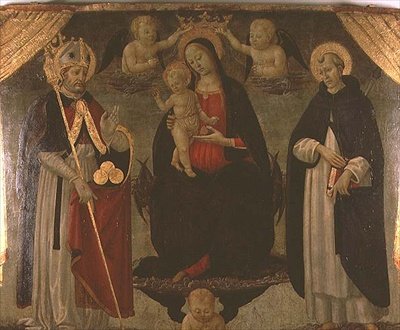Madonna flankerad av St. Nicholas och St. Peter Martyr (panel) av Jacopo del Sellaio