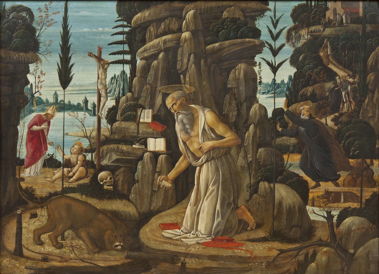 Saint Hieronymus penitent - Den botfärdige Saint Hieronymus, av Jacopo del Sellaio (1442-1493). Olja på trä. Mått: 66,5x91,5 cm. Nationalmuseum Stockholm av Jacopo del Sellaio