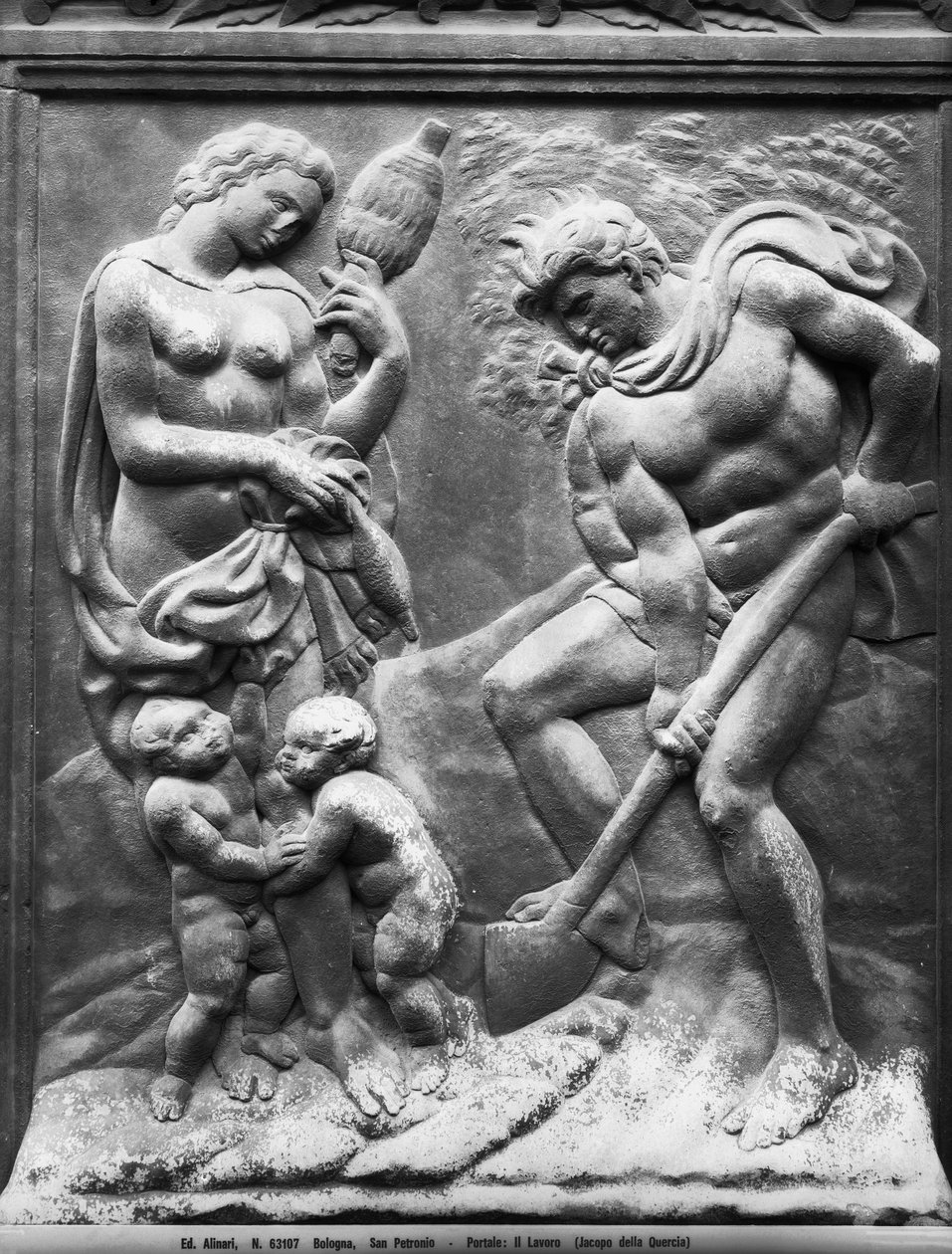 Adam och Eva tvingas arbeta, panel från Porta Magna, ca 1430 (marmor) av Jacopo della Quercia