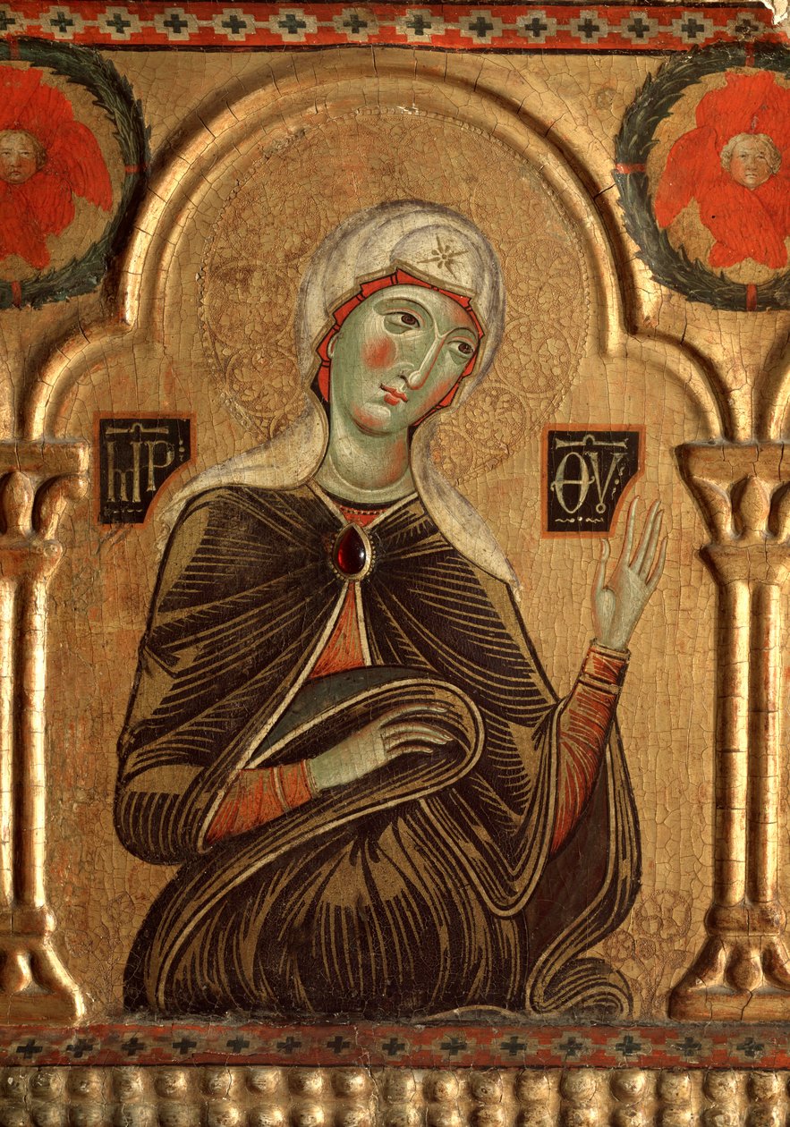 Polyptyk med frälsare och helgon: Detalj av Jungfru Maria -olja på panel av Jacopo di Meliore