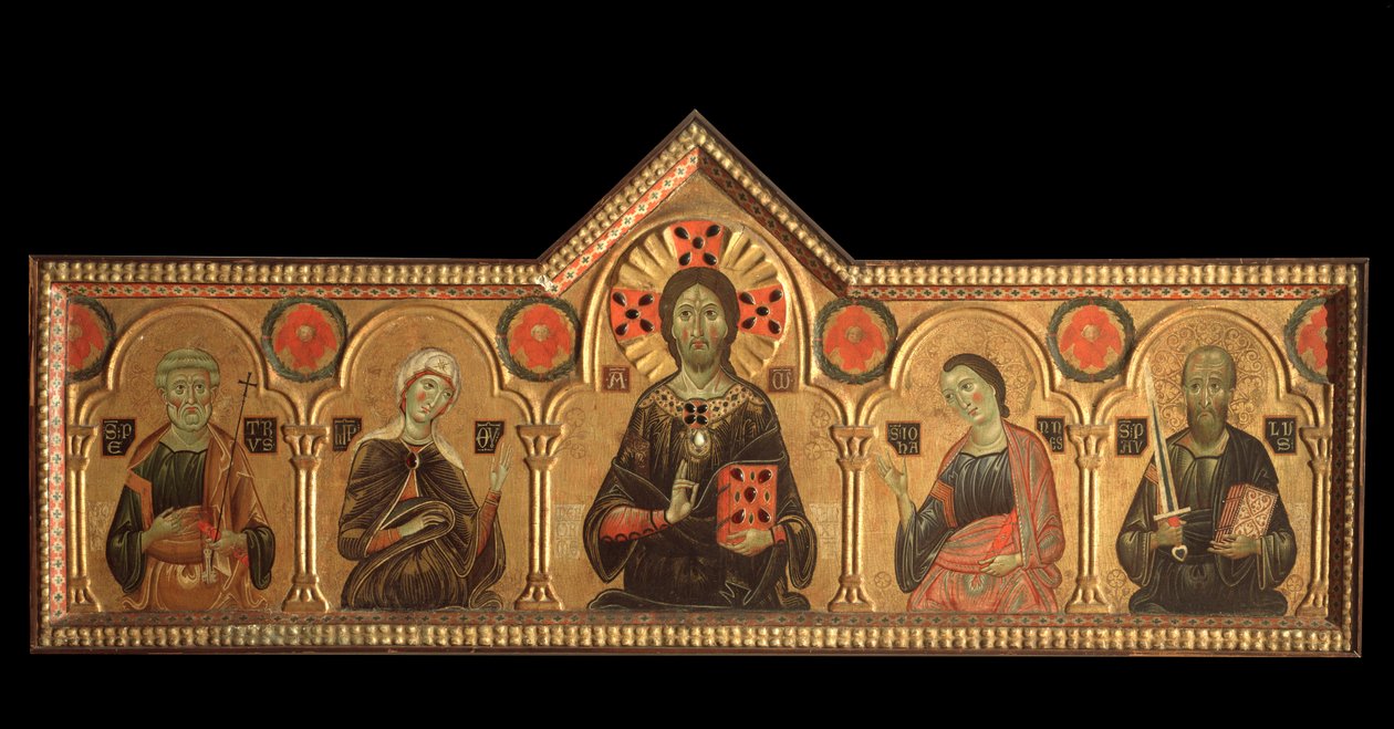 Polyptyk med återlösare och helgon: återlösaren (Jesus med jungfrun, den helige Petrus, den helige Johannes evangelisten och den helige Paulus) - olja på panel av Jacopo di Meliore
