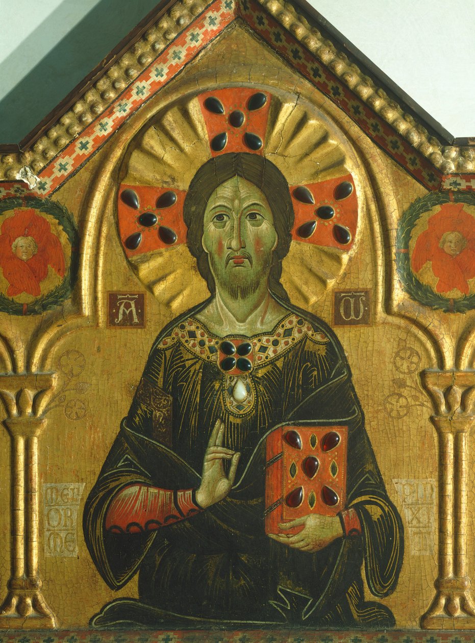 Redeemer, detalj från Redeemer with Madonna and three Saints, av Meliore Toscano eller Meliore di Jacopo (cirka 1255-1285), tempera och guld på panel, 85x210 cm av Jacopo di Meliore