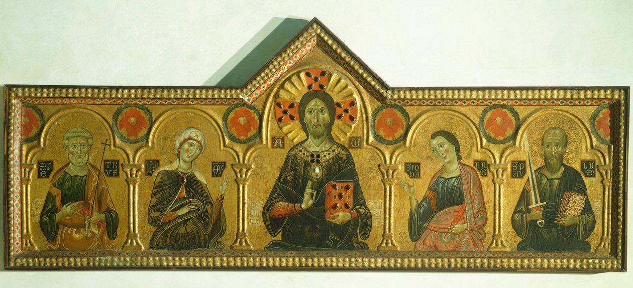 Återlösaren med Madonnan och tre heliga, av Meliore Toscano eller Meliore di Jacopo (ca 1255-1285), tempera och guld på panel, 85x210 cm, Detalj av Jacopo di Meliore