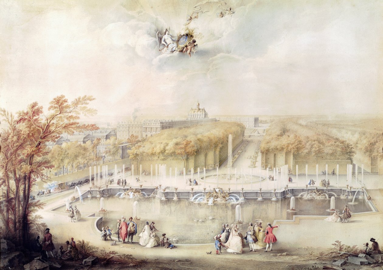 Utsikt över trädgårdarna och slottet i Versailles från Neptunusfontänen (gouache) av Jacqes Andre Portail