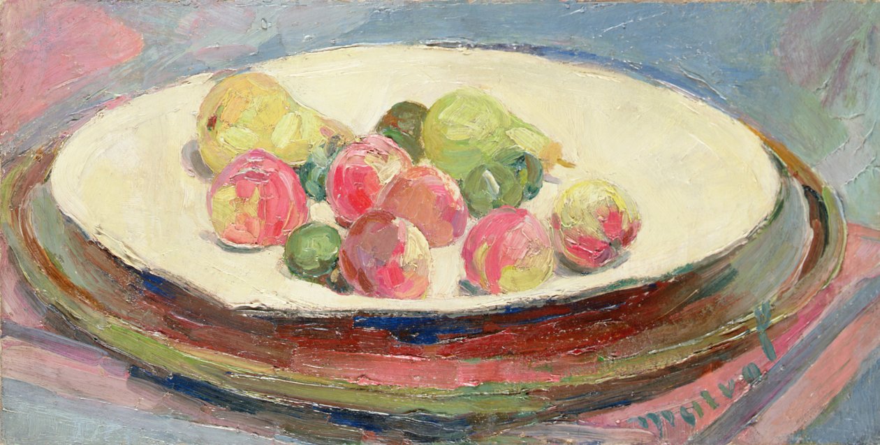 Stilleben med persikor och päron (olja på duk) av Jacqueline Marval