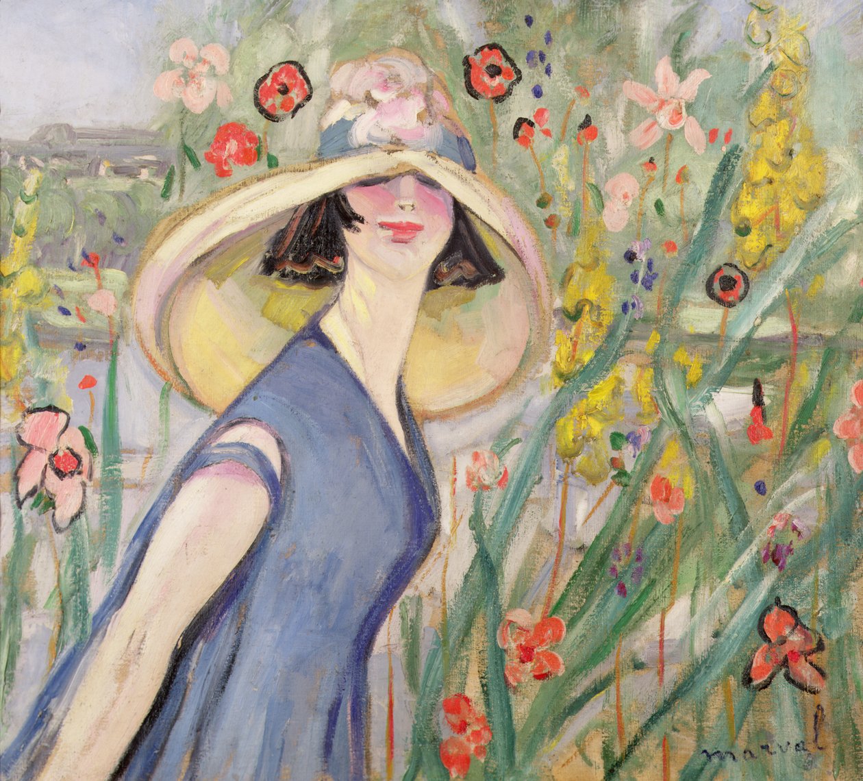 Kvinna i en rund hatt (olja på duk) av Jacqueline Marval