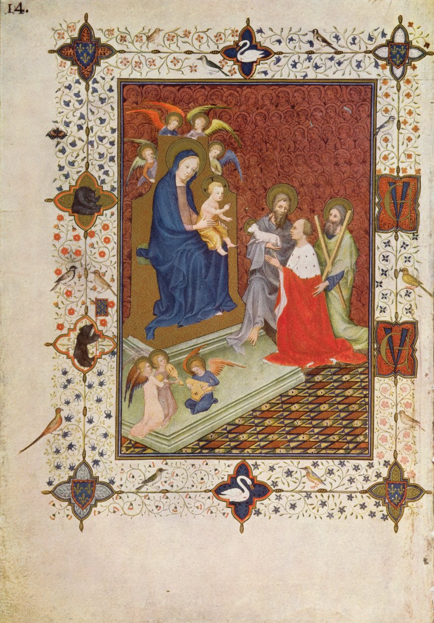 MS 11060-11061 Frontispice med Johannes, hertig av Berry, Sankt Andreas och Sankt Johannes som ber framför jungfrun, franska, från "Tres Riches Heures du Duc de Berry". av Jacquemart de Hesdin