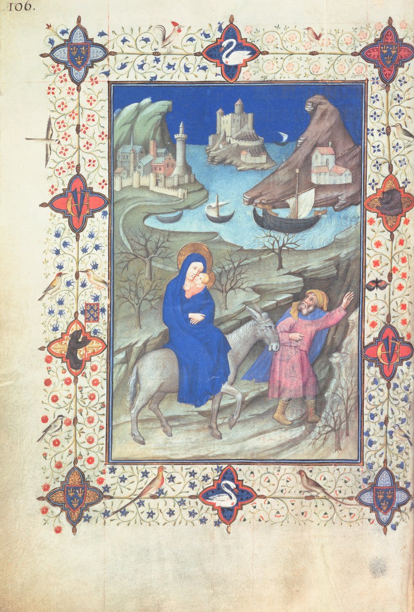 Ms 11060-61, Flykten till Egypten, från "Tres Belles Heures du duc de Berry", ca 1409 av Jacquemart de Hesdin