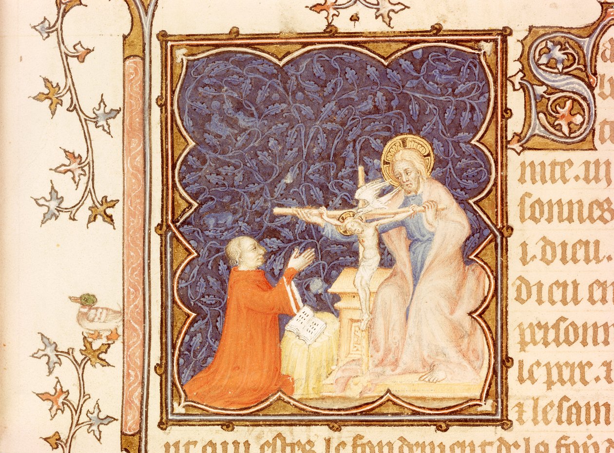 Ms Lat 18014 Jean de France (1340-1416) Hertig av Berry ber före den korsfäste Jesus, från Les Petites Heures de Duc de Berry, ca 1385-90 av Jacquemart de Hesdin