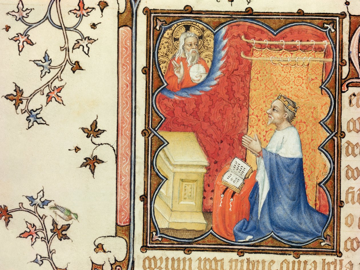 Ms Lat 18014 Jean de France (1340-1416) Hertigen av Berry berande inför den evige fadern, från Les Petites Heures de Duc de Berry, ca 1385-90 av Jacquemart de Hesdin