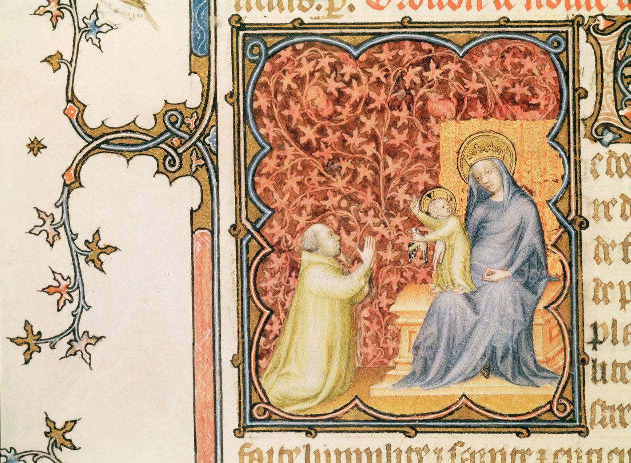 Ms Lat 18014 Jean de France (1340-1416) Hertig av Berry ber inför jungfrun och barnet, från Les Petites Heures de Duc de Berry, ca 1385-90 av Jacquemart de Hesdin