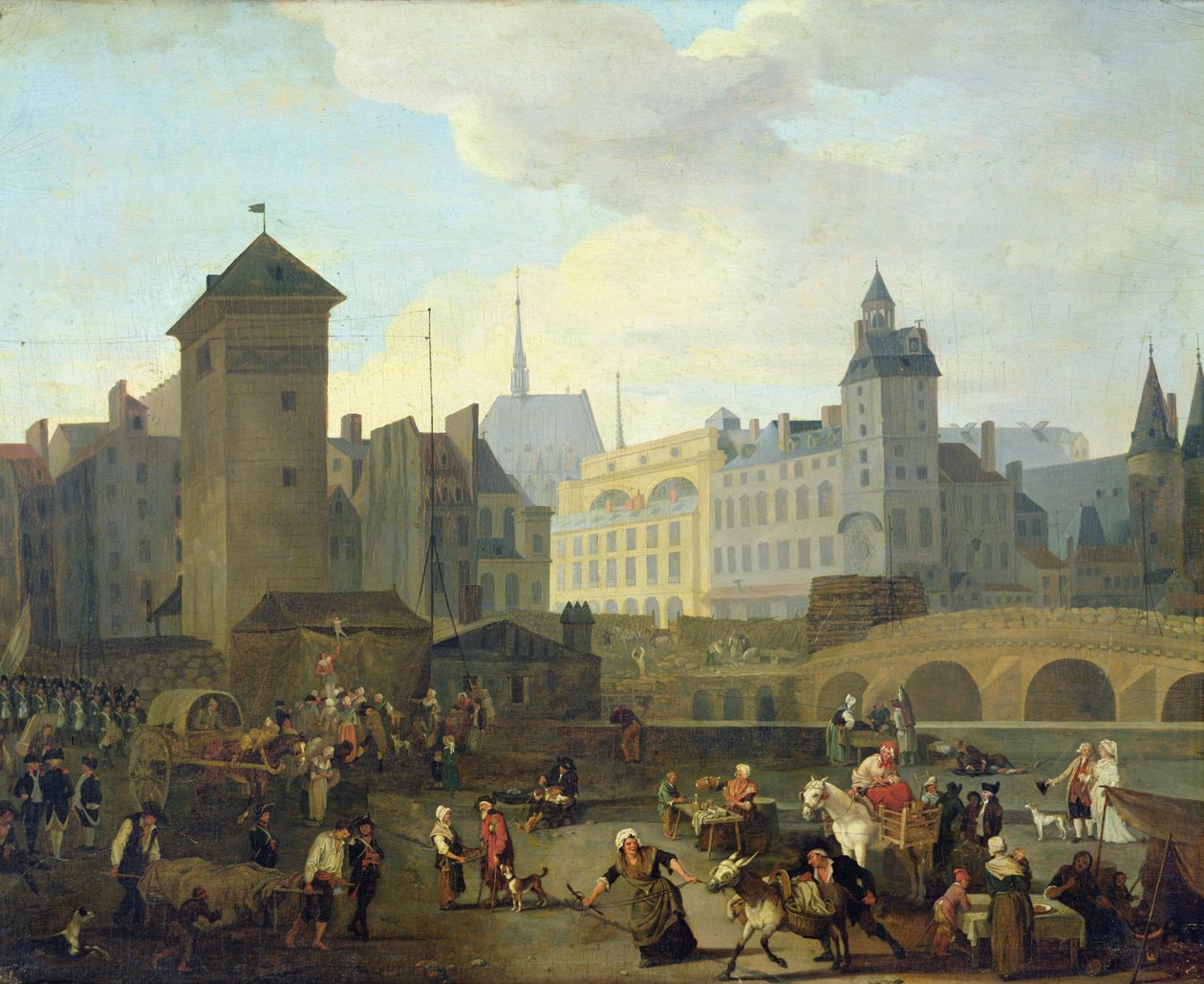 Quai de Gesvres, pumpen Palais och Notre Dame, ca 1791 av Jacques Albert Senave