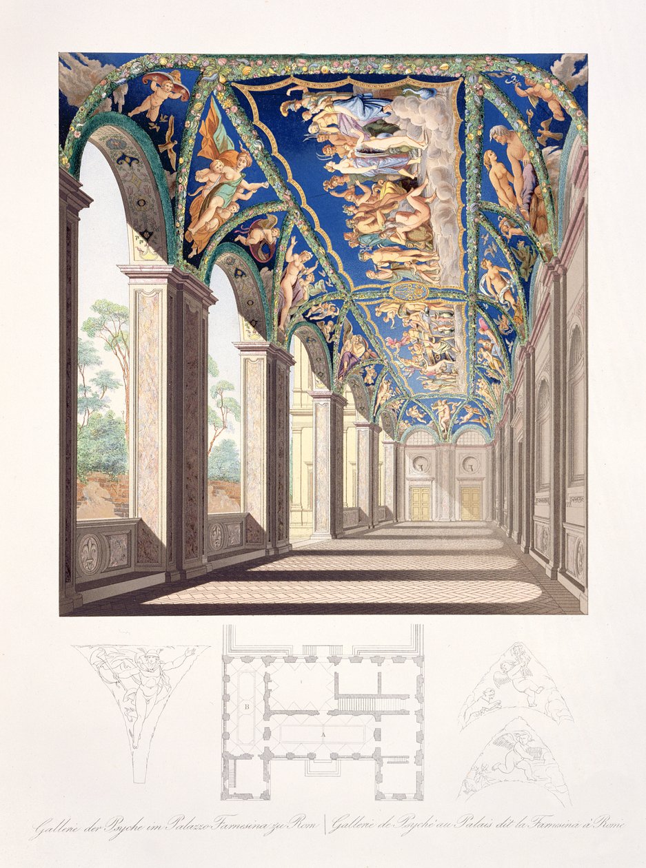 Gallery of Psyche på Villa Farnesina, Rom, från en uppsättning av tolv gravyrer, publicerad 1693 (handfärgad kopparstick) av Jacques Belly