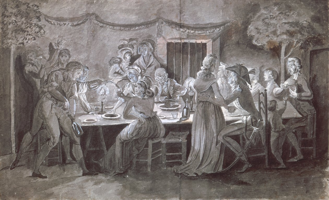 En kvällsbröllopsmåltid (penna och bläck och gouache på papper) av Jacques Bertaux