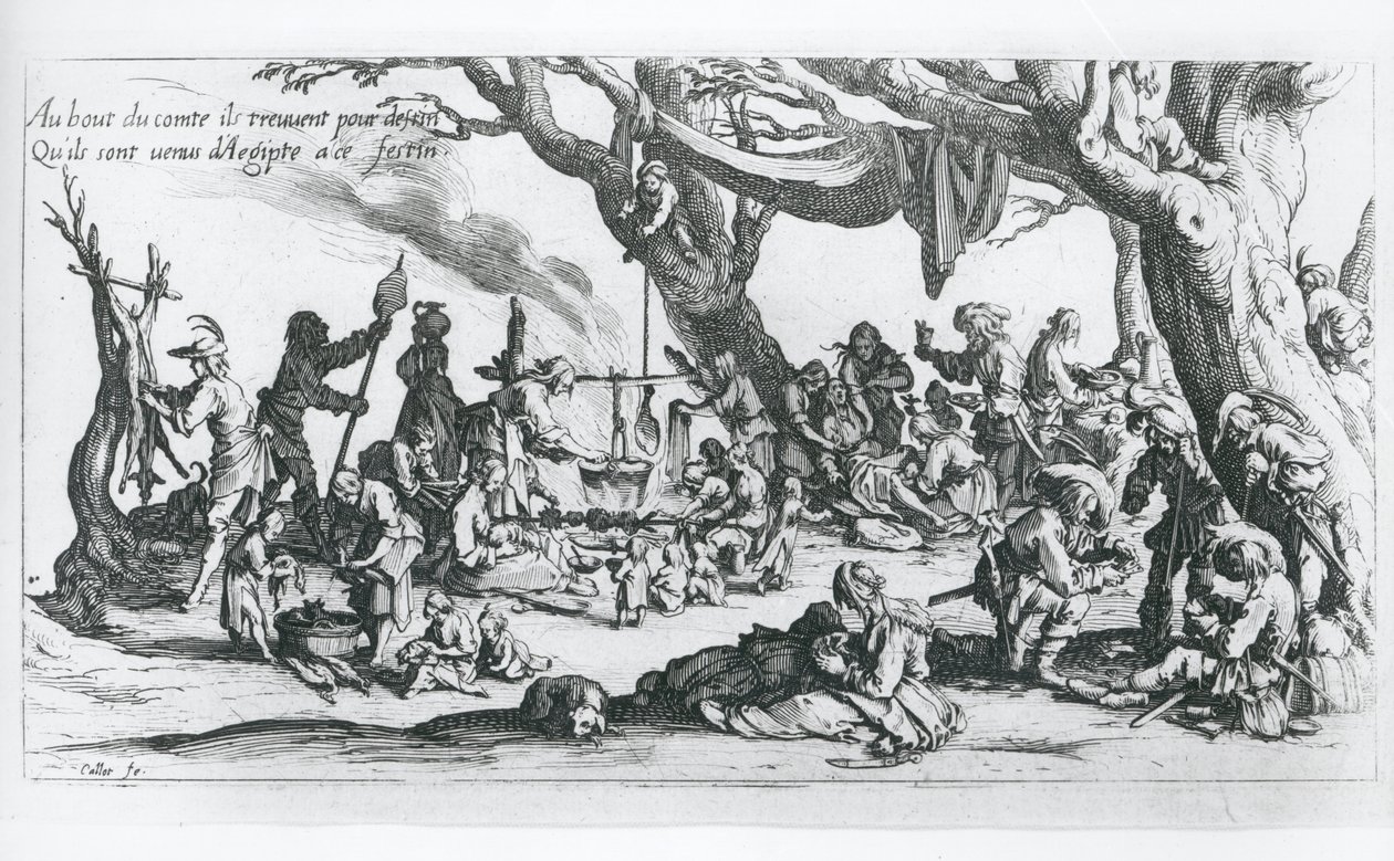 En födelse i ett zigenarläger (gravyr) av Jacques Callot