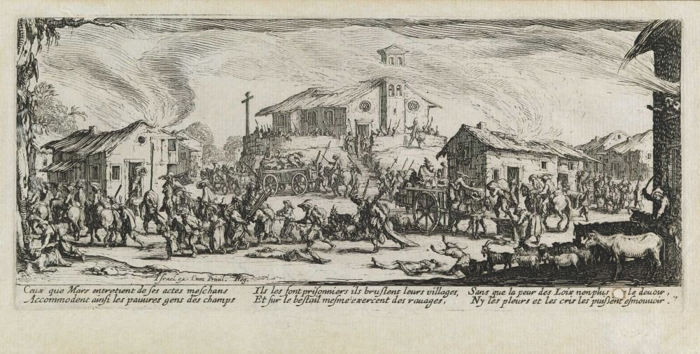 Looting and burning of a village Les miseres et les mal-heures de la guerre, pl. 7 av Jacques Callot