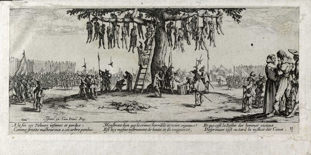 The torture of the gallow Les miseres et les mal-heures de la guerre, pl. 11 av Jacques Callot