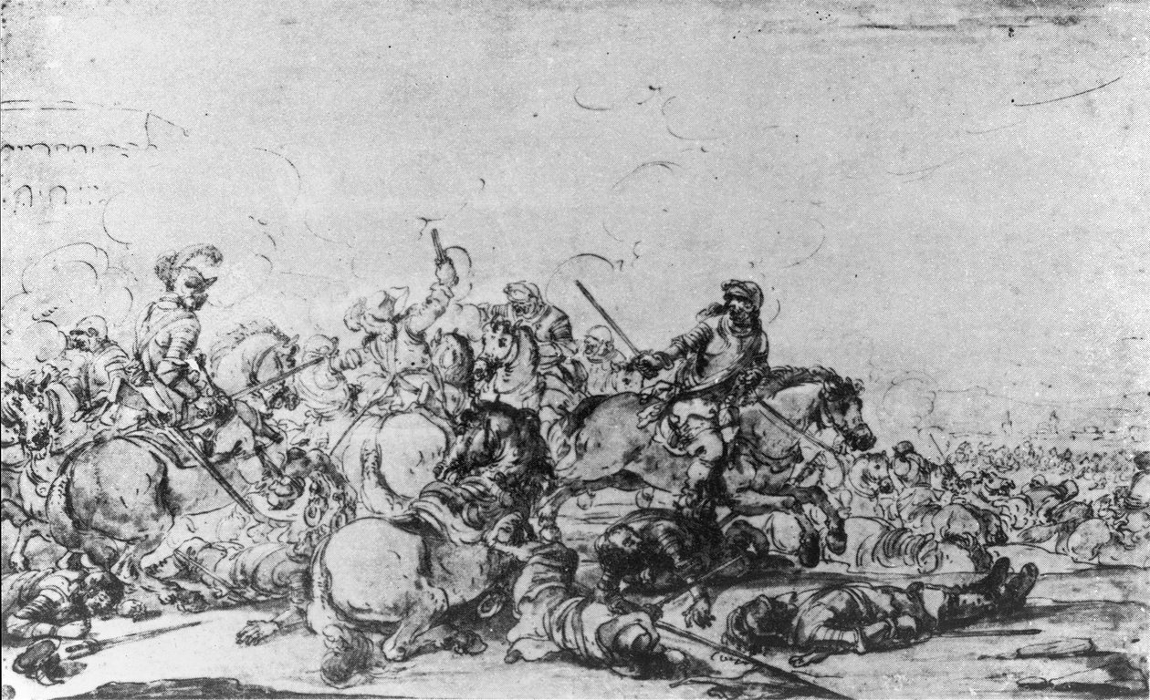 En kavalleristrid (krita, penna och bläck på papper) av Jacques Courtois