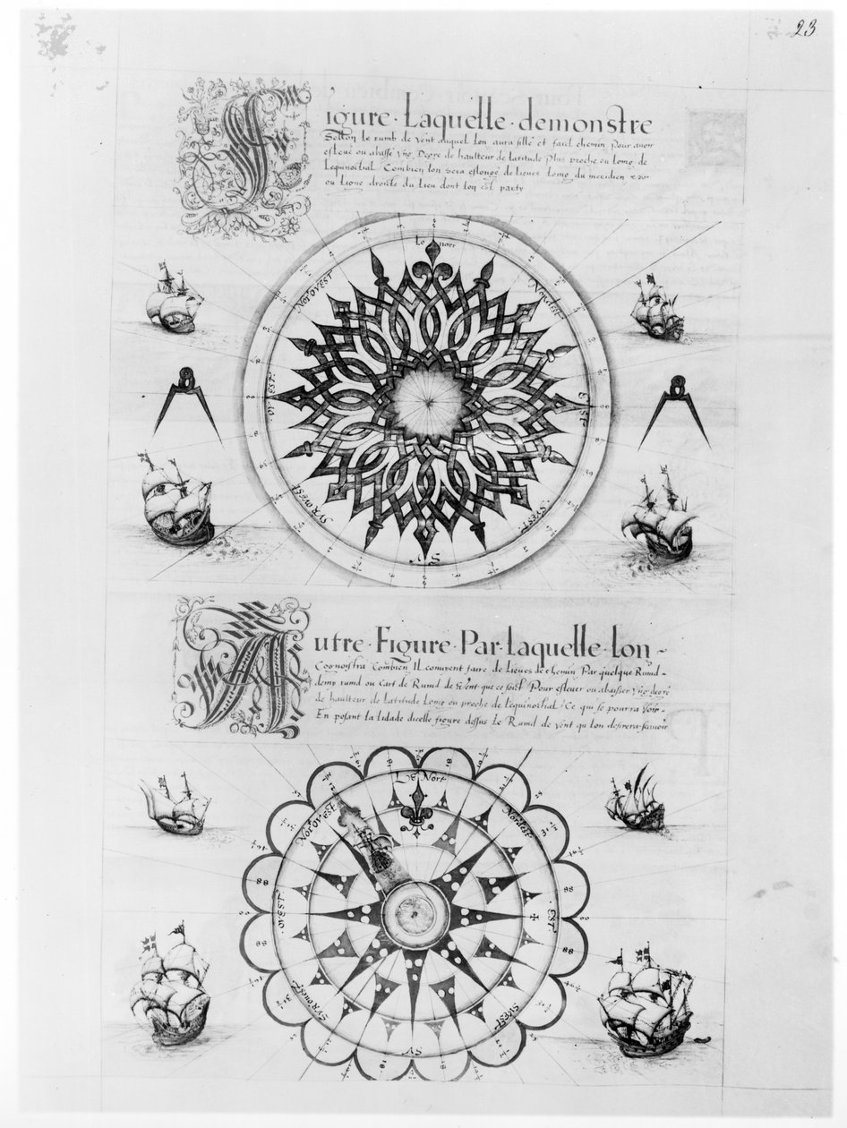 Ms Fr 150 fol.23r Sextant, från "Les Premieres Oeuvres de Jacques De Vaulx Pilote en la Marine", 1583 (penna, bläck och tvätt på papper) av Jacques Devaulx