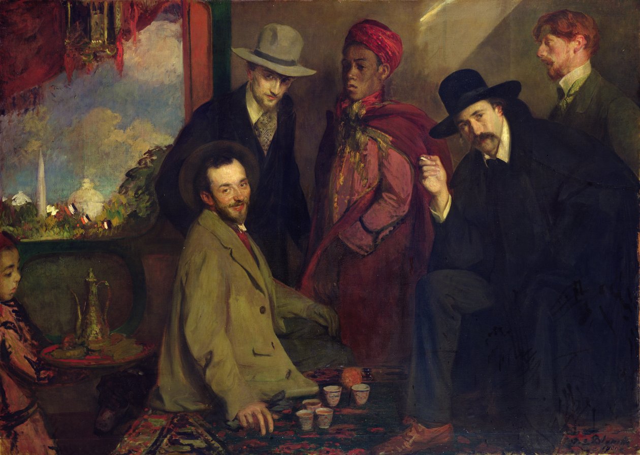 Andre Gide (1869-1951) och hans vänner på Café Maure på Exposition Universelle 1900, 1901 av Jacques Emile Blanche