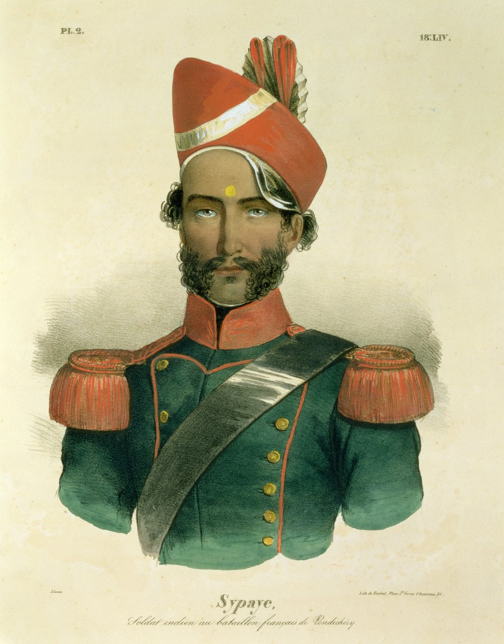 A Sepoy: en indisk soldat i den franska bataljonen i Pondicherry, graverad av Racinet av Jacques Francois Gauderique Llanta