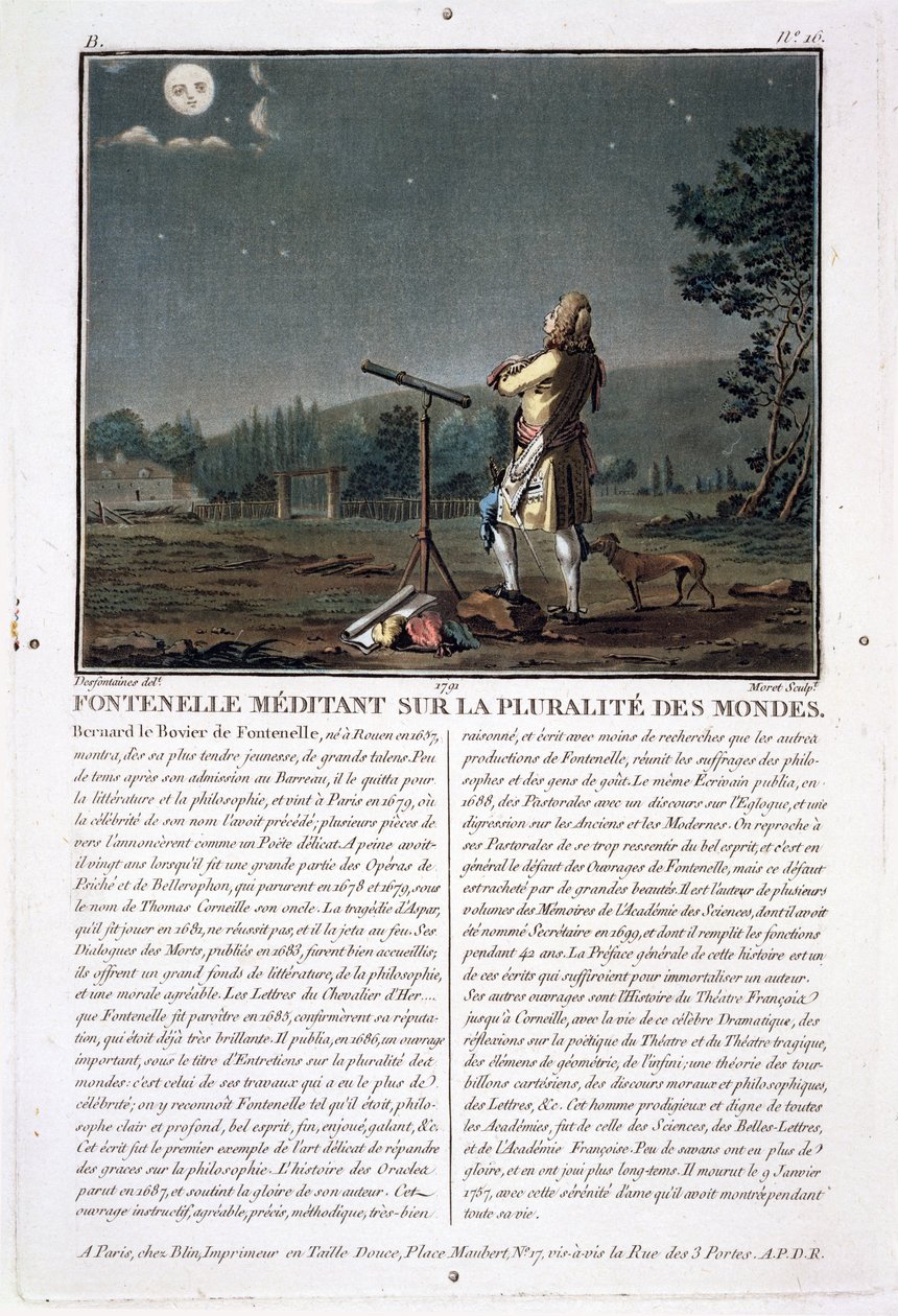 Bernard le Bovier de Fontenelle (1657-1757) som överväger mångfalden av världar, graverad av Jean Baptiste Morret (fl.1790-1820), 1791 (se även 251584) av Jacques Francois Joseph Swebach