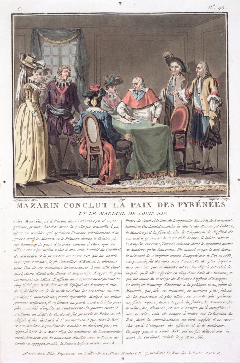 Kardinal Mazarin (1602-61) sluter freden i Pyrenéerna, 1659, graverad av Jean Baptiste Morret (fl.1790-1820), 1790. av Jacques Francois Joseph Swebach