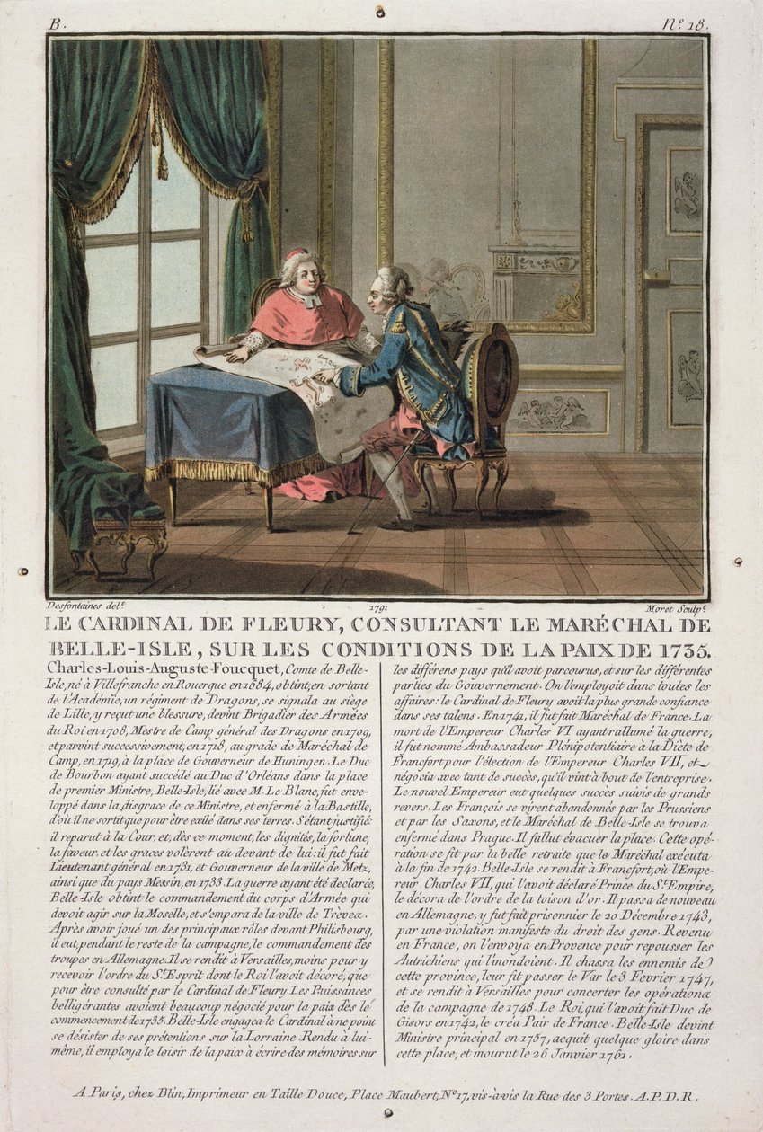 Kardinal de Fleury (1653-1743) rådgör med Marechal de Belle-Isle (1684-1761) om villkoren för freden, 1735, graverad av Jean Baptiste Morret (fl.1790-1820), 1791 av Jacques Francois Joseph Swebach