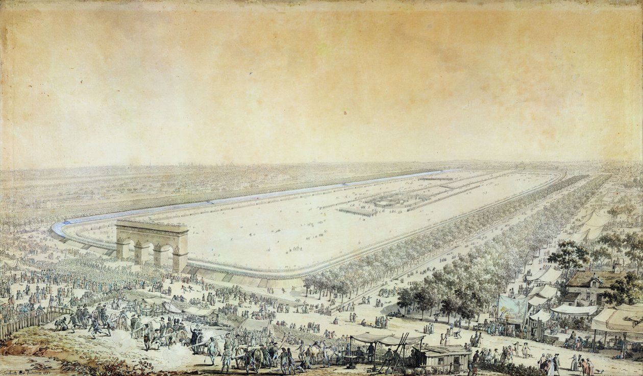 Allmän bild av Champ-de-Mars under Fete de la Federation, 14 juli 1790 (penna och bläck och wc på papper) av Jacques Francois Joseph Swebach