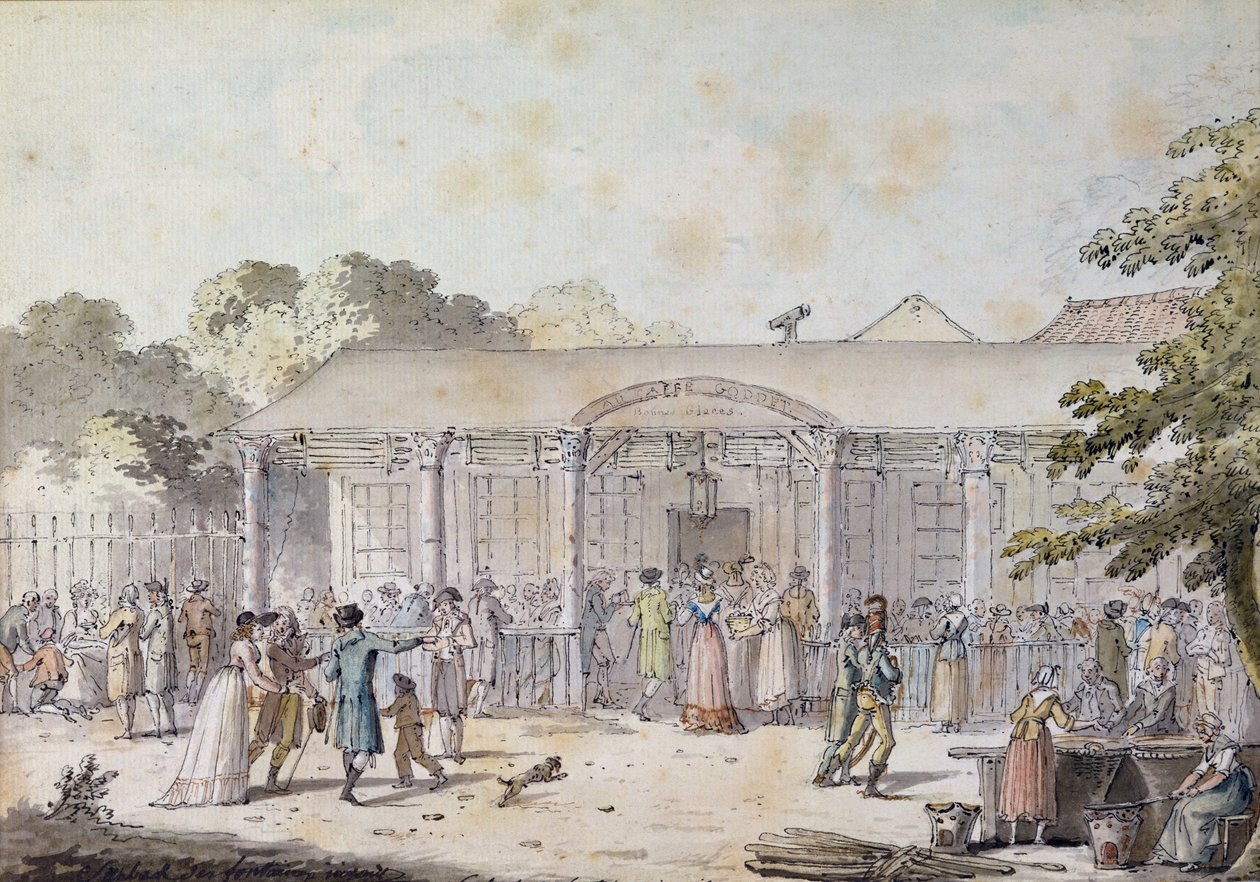 Café Goddet, Boulevard du Temple, vid tidpunkten för konsulatet, 1799-1804 (penna och bläck och wc på papper) av Jacques Francois Joseph Swebach