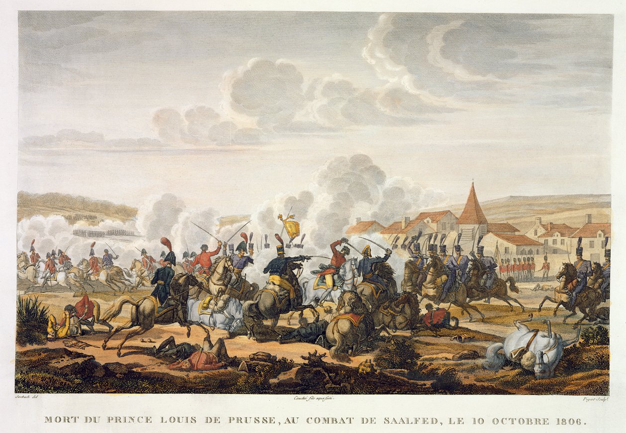Prins Ludwig av Preussens död i slaget vid Saalfed, 10 oktober 1806, graverad av Louis Francois Couche (1782-1849) (akvatint) av Jacques Francois Joseph Swebach