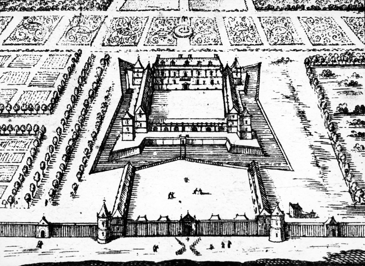 Utsikt över den kungliga jaktslotten i Versailles som den var i slutet av 1620- och 1630-talen, byggd för kung Ludvig XIII, 1652 av Jacques Gomboust