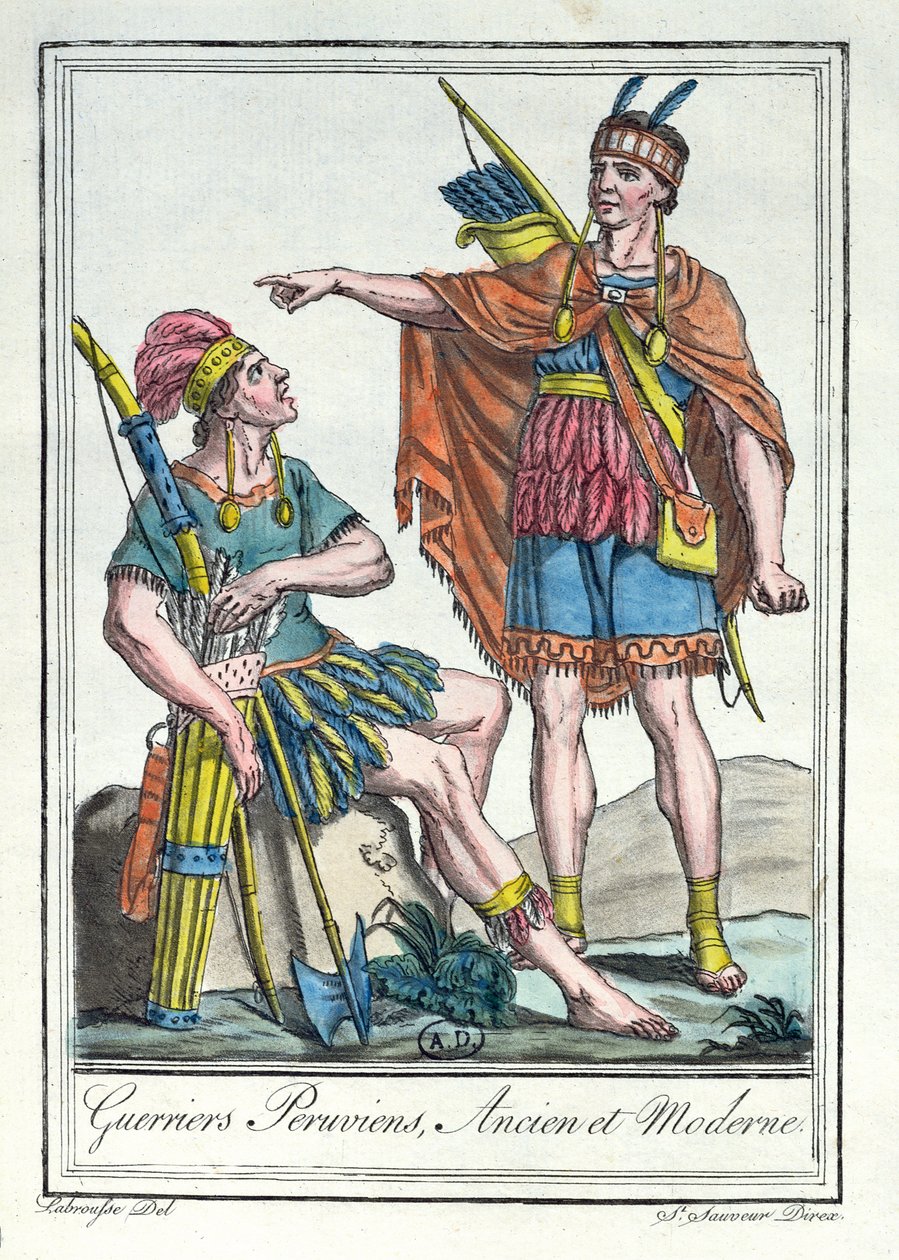 Forntida och moderna peruanska krigare, illustration från "Encyclopedie des Voyages", graverad av Labrousse, 1796 av Jacques Grasset de Saint Sauveur