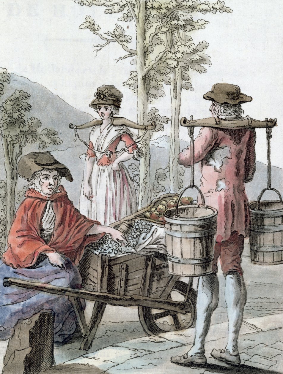 Engelska bönder som säljer frukt och bär mjölk, illustration från "Encyclopedie des Voyages", graverad av Labrousse, 1796 av Jacques Grasset de Saint Sauveur