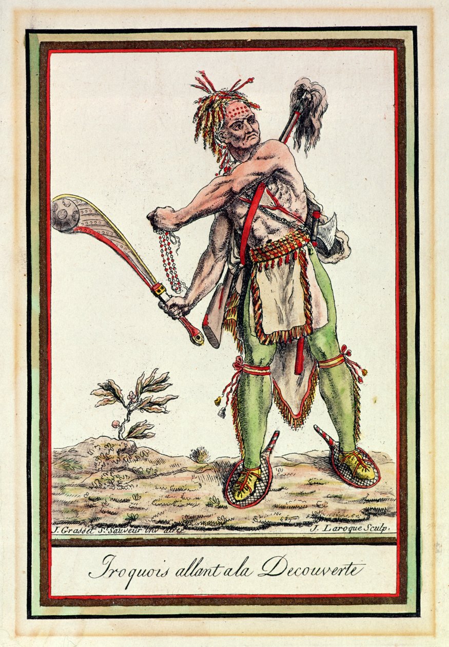 Irokeser på väg ut på en expedition, graverad av J. Laroque av Jacques Grasset de Saint Sauveur
