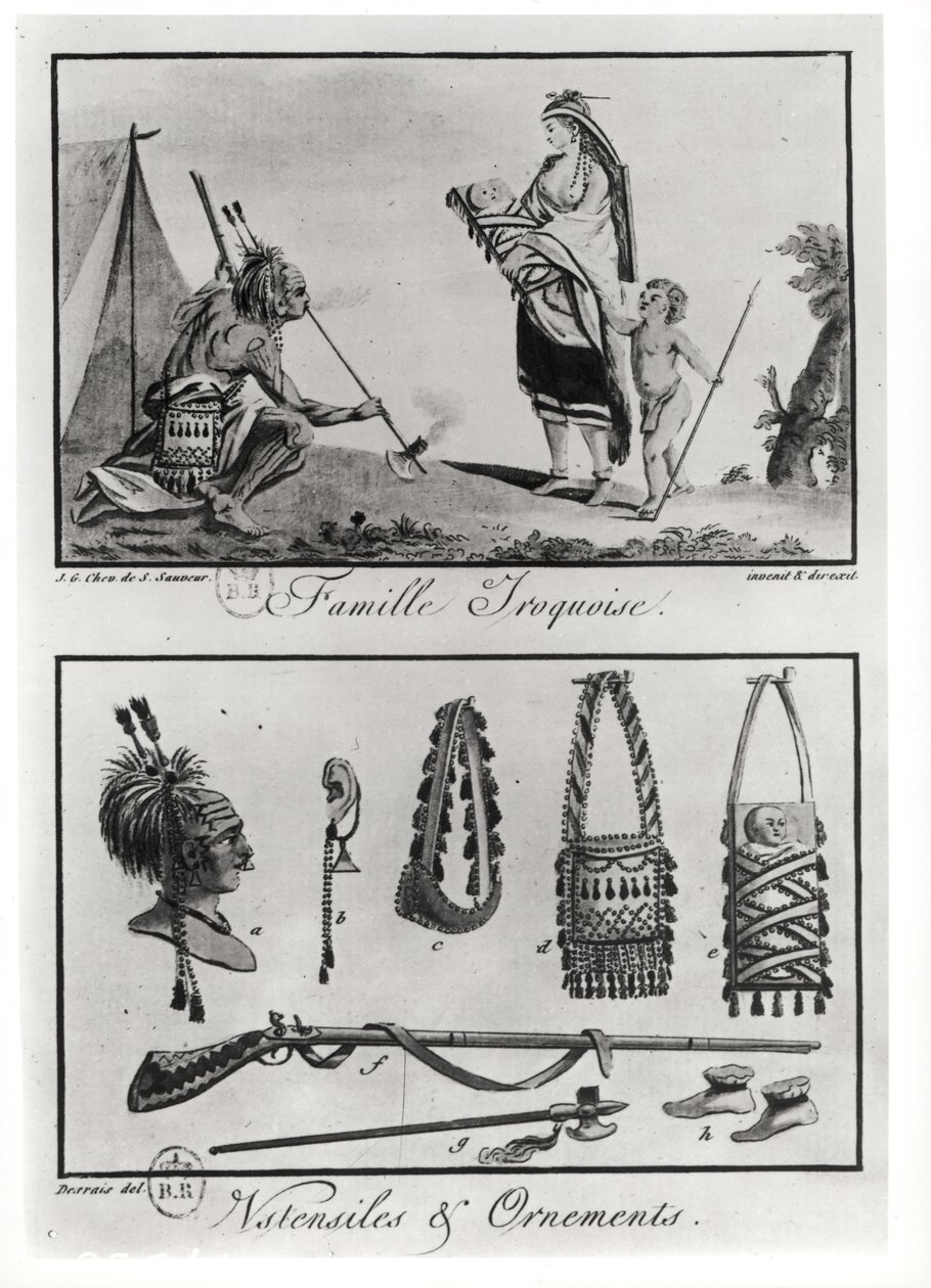 Irokesisk familj, vapen och ornament, från "Tableaux cosmographiques de l