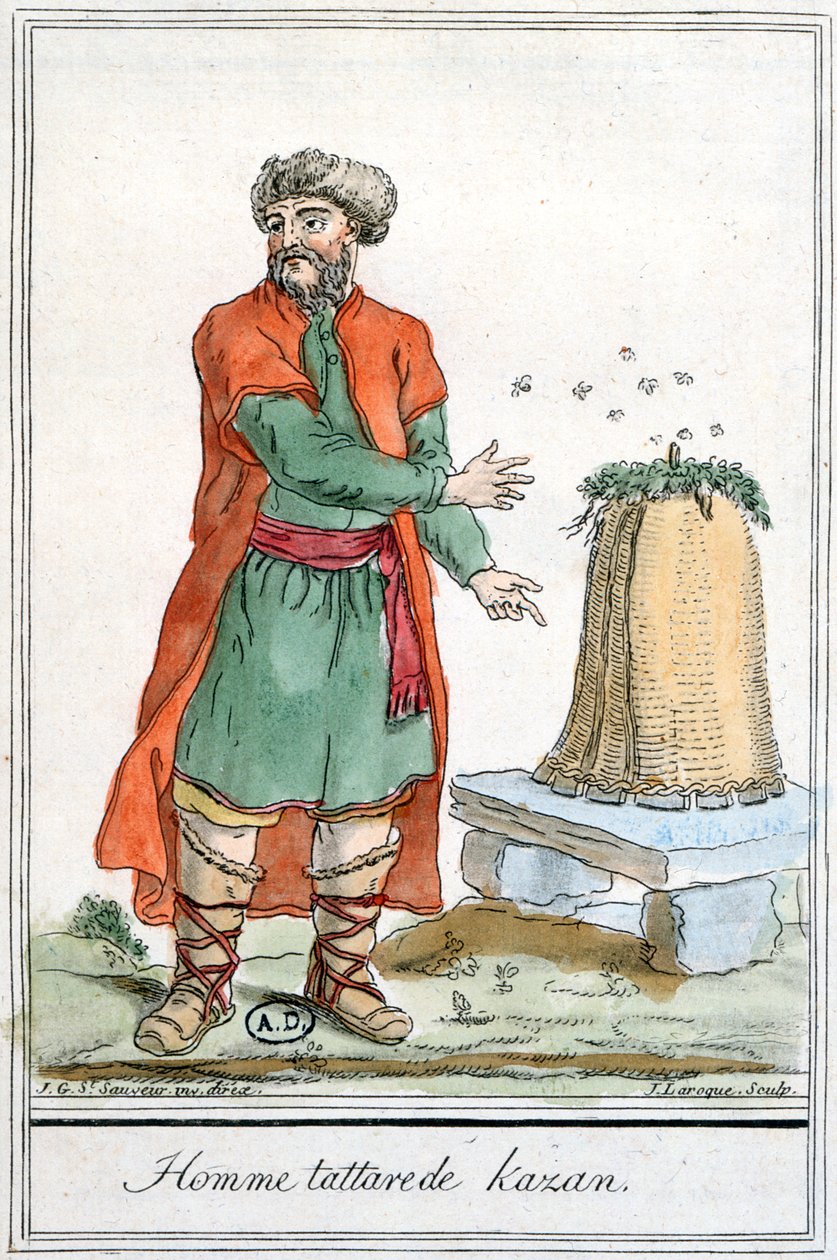 Tatarisk man i Kazan med en bikupa, från "Encyclopedie des Voyages", graverad av J. Laroque, 1796 av Jacques Grasset de Saint Sauveur
