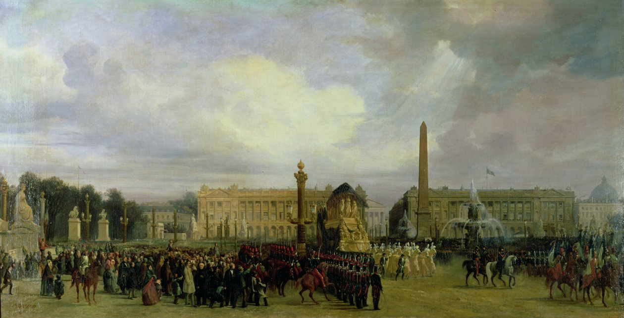 Ceremonin för återlämnandet av Napoleons aska 1840: Cortegen kommer in på Place de la Concorde, efter 1840 av Jacques Guiaud