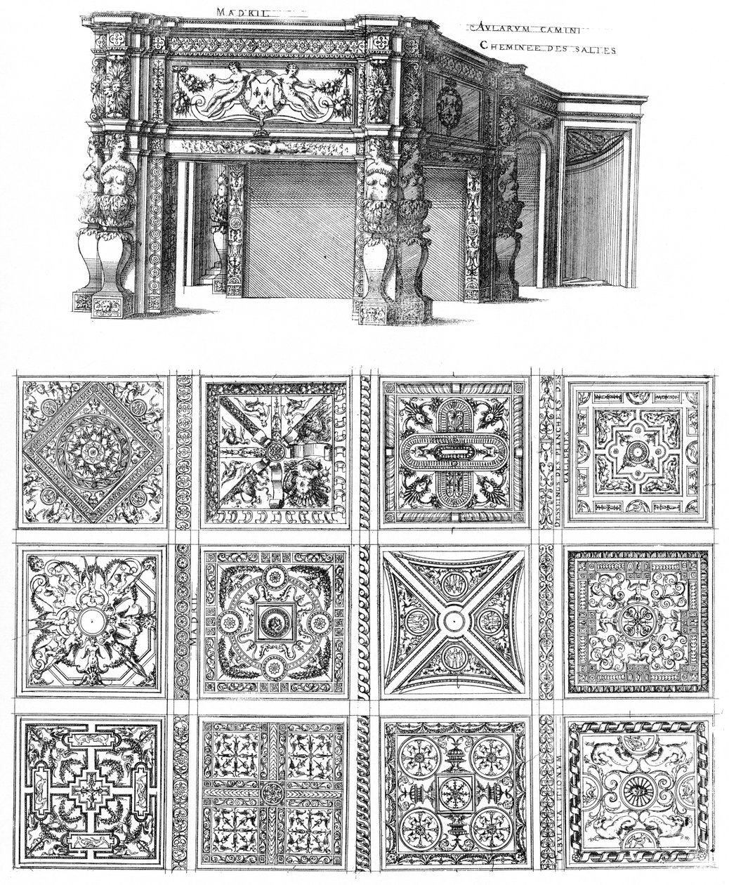 Engraving from Le premier volume des plus excellents Bastiments de France by Jacques I Androuet du Cerceau, fireplace and floor designs for the Château de Madrid av Jacques I Androuet du Cerceau