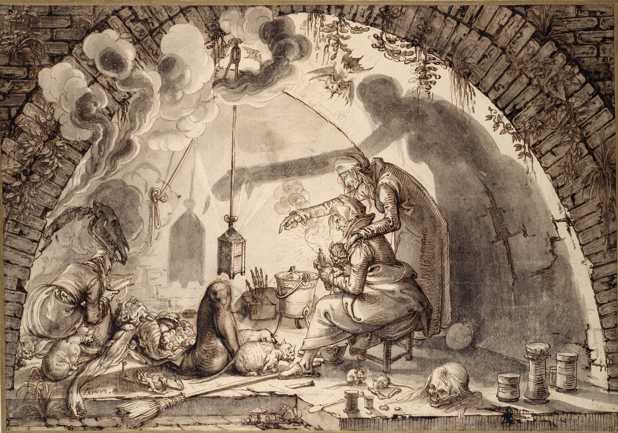 Ett häxkök, ca 1600 (penna, bläck och tvätt på papper) av Jacques II de Gheyn