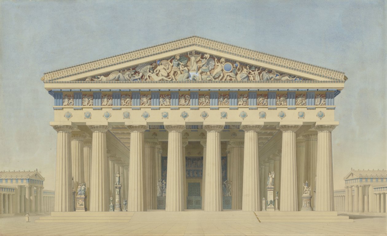 Temple T på Selinunte (Sicilien), rekonstruerad höjd av huvudfasaden av Jacques Ignace Hittorff