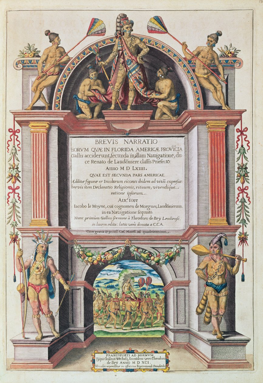 Frontispice till "Brevis Narratio...", graverad av Theodore de Bry (1528-98), utgiven i Frankfurt 1591. av Jacques Le Moyne