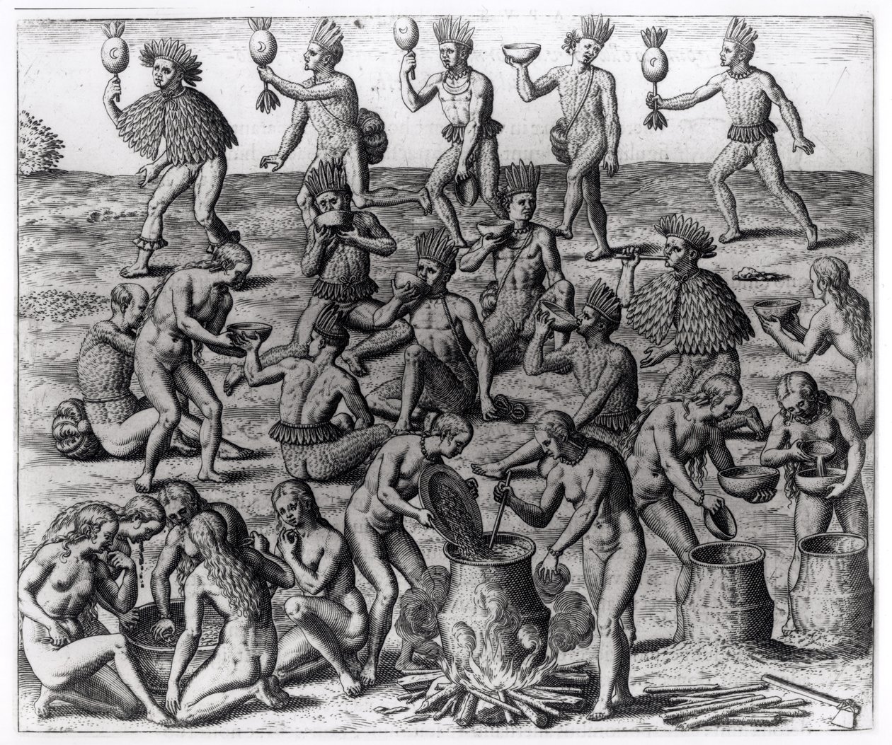 Indiska kvinnor som förbereder maniokrot, graverad av Theodore de Bry (1528-98), från 