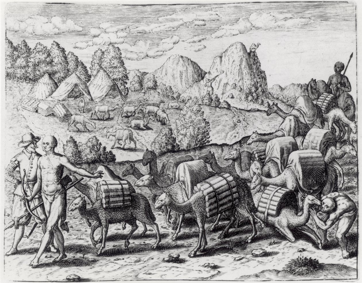 Packtåg av lamor laddade med silver från Potosi Mines of Peru, graverad av Theodore de Bry (1528-98), från 