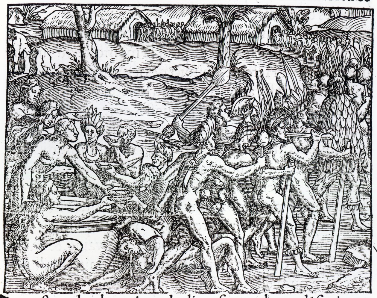 Procession av infödda som dricker och röker, graverad av Theodor de Bry (1525-75) av Jacques Le Moyne