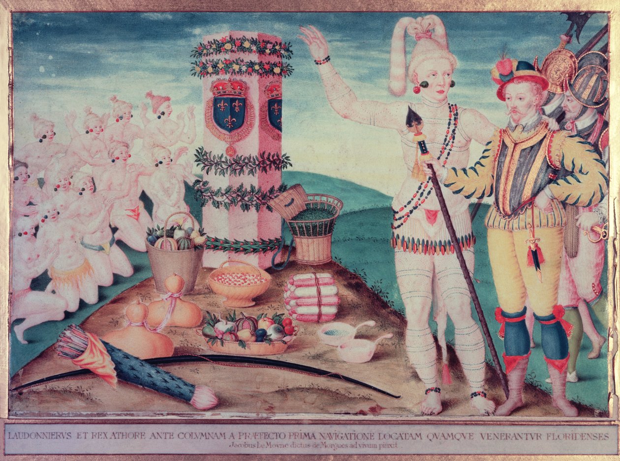 Rene Goulaine de Laudonniere (ca 1529-82) och Chief Athore framför Ribaults kolumn, ca 1570 av Jacques Le Moyne