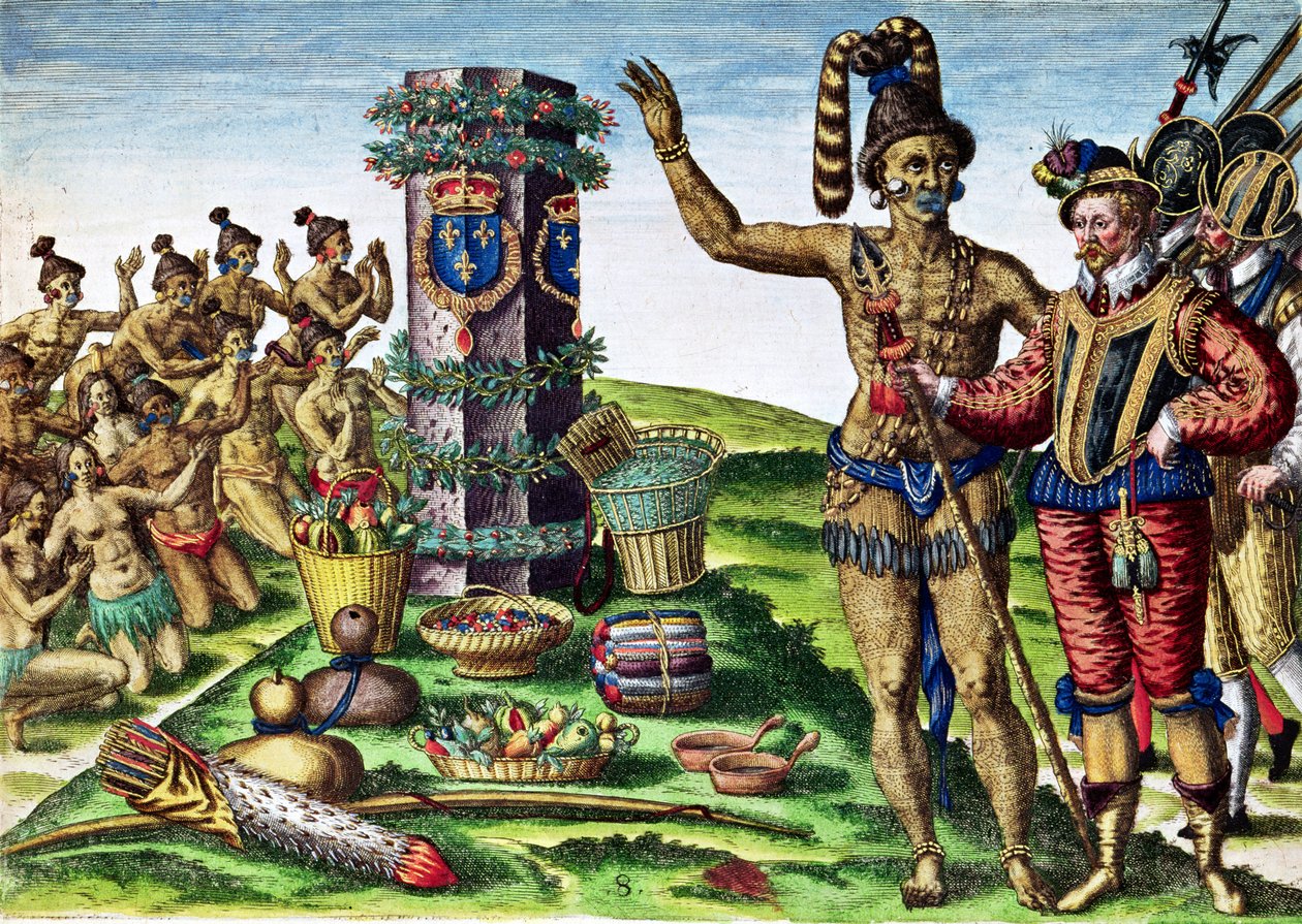 Rene Goulaine de Laudonniere (ca 1529-82) och Chief Athore framför Ribaults kolumn, från 